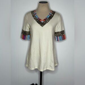 Women's Cream Top with Leopard and Multicolor Accents